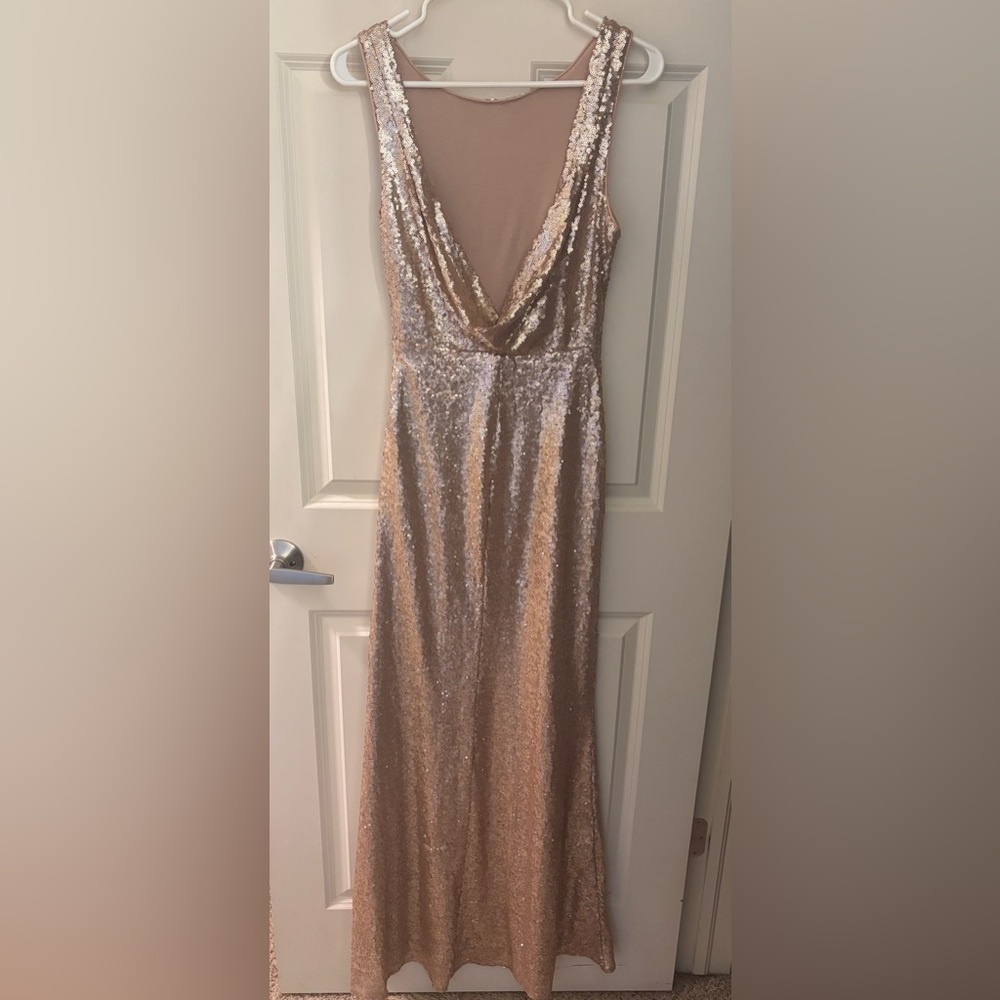 Lulu’s High Neck Cowl Back Maxi Sequin Dress, Gold/Tan, Size S - Picture 6 of 14